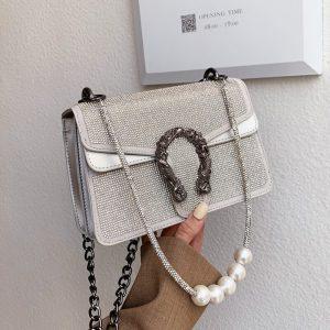 Luxury Shiny Diamons Shoulder/Crossbody Bags Women White/Black Designer Brand Lady Handbags Rhinestone Pearl Chain Bags 2 Straps