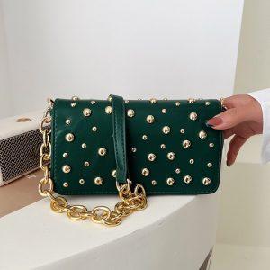 Pink/Black INS Chic Stud Rivets Chain Small Crossbody Bags Women's Designer Solid Square Soft Leather Flap Bags